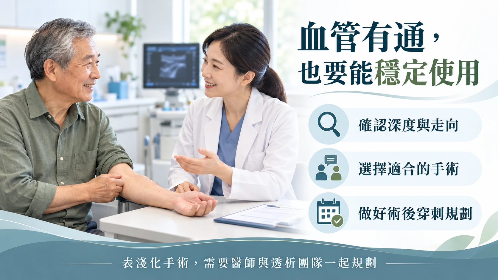 醫療人員與洗腎患者討論血管評估、適合的表淺化手術,以及術後穿刺規劃。