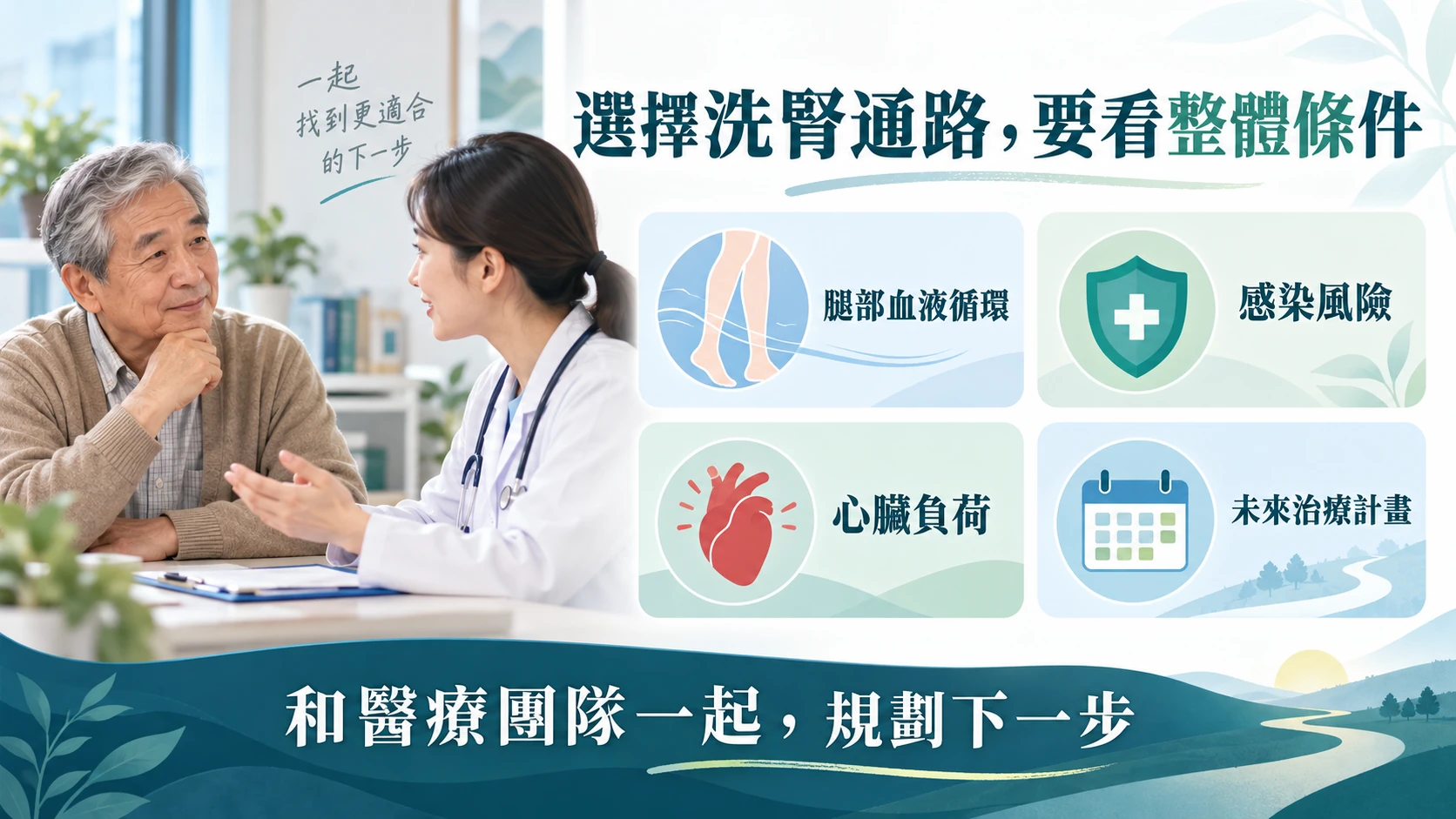 患者與醫療人員討論洗腎通路，圖中列出腿部血液循環、感染風險、心臟負荷及未來治療計畫。