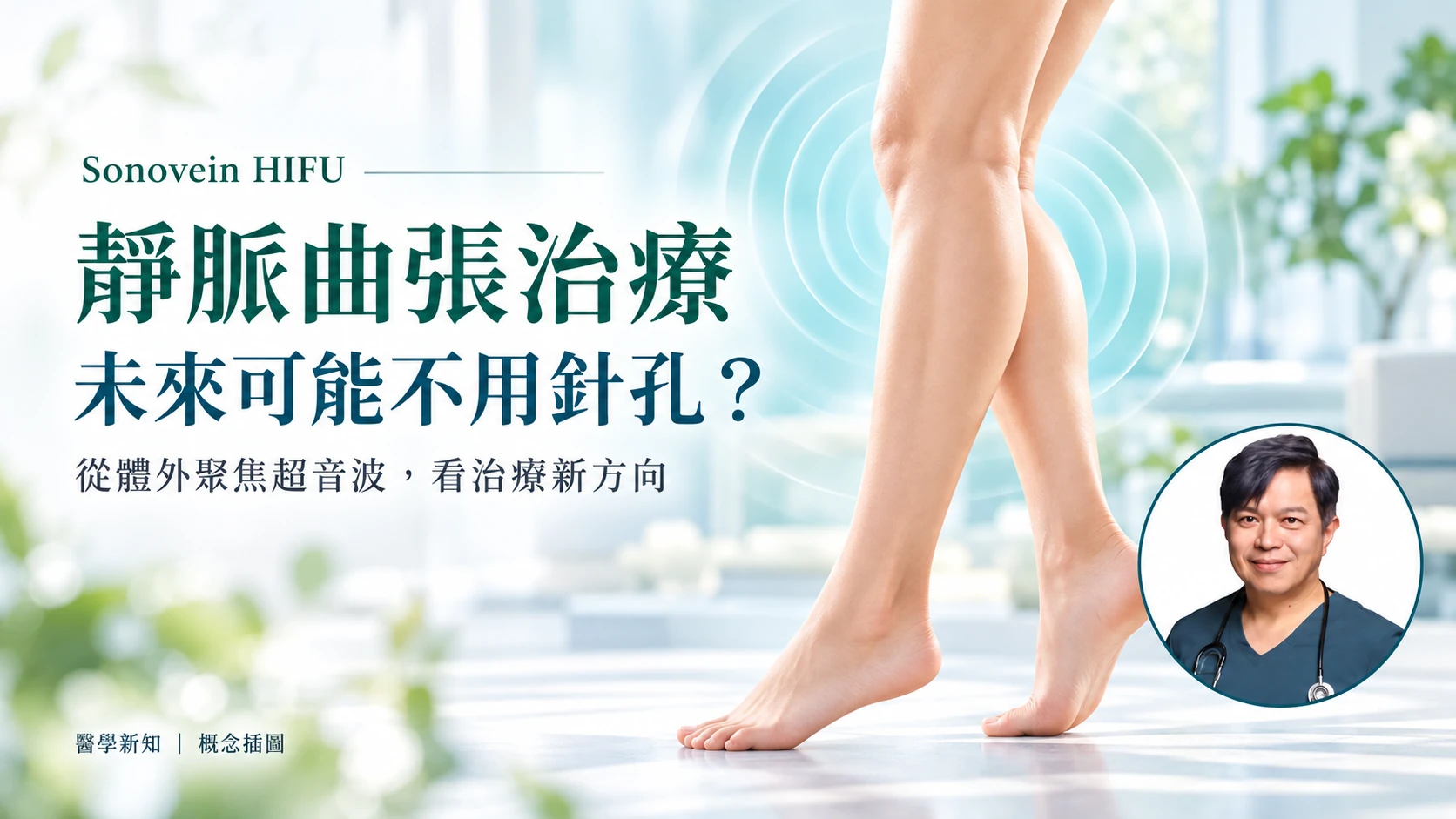 Sonovein HIFU 靜脈曲張治療概念版頭,右下角為柯博仁醫師頭像,探討未來減少針孔的可能性。