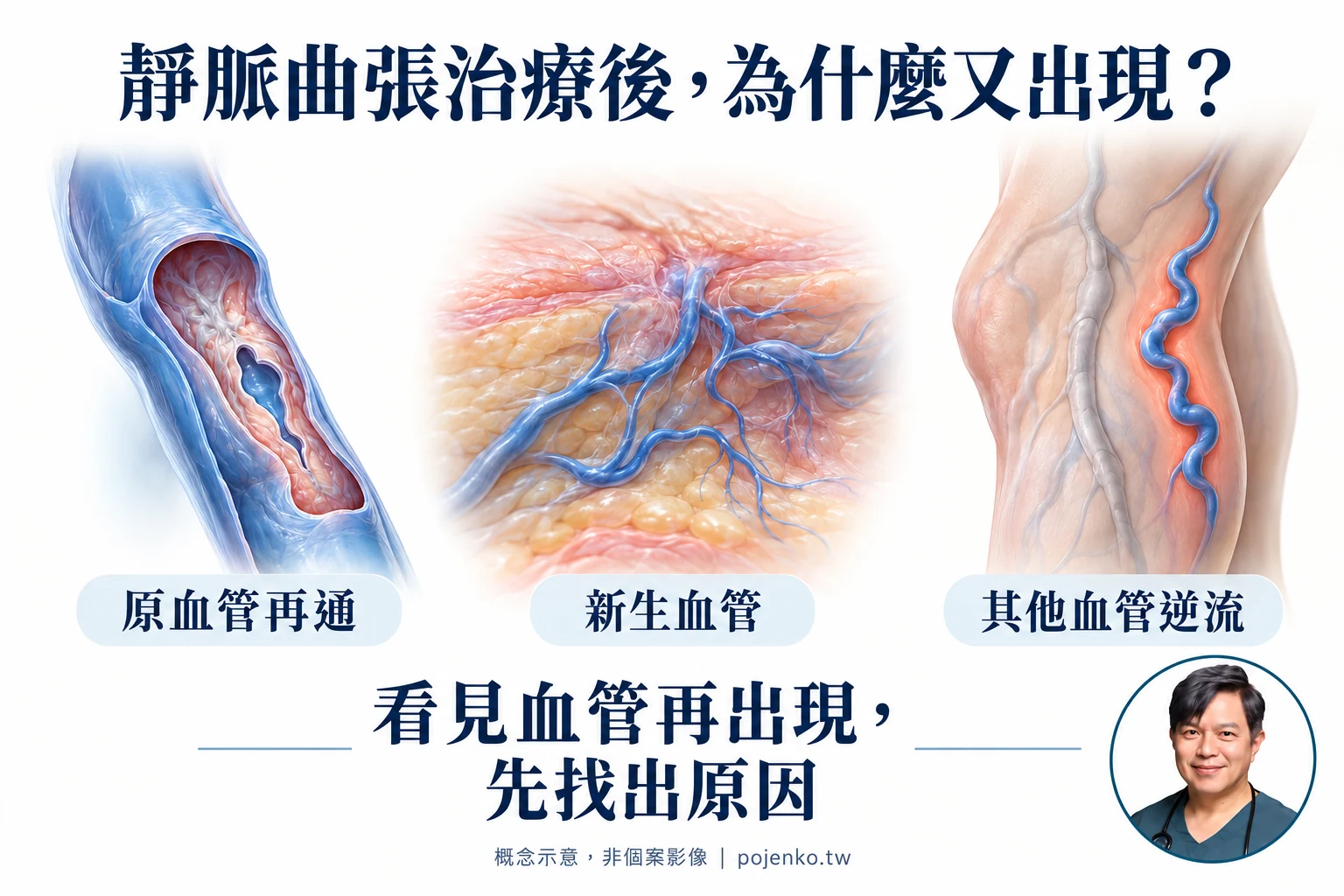 靜脈曲張復發的三種可能機轉：原血管再通、新生血管與其他血管逆流；右下角為柯博仁醫師頭像。